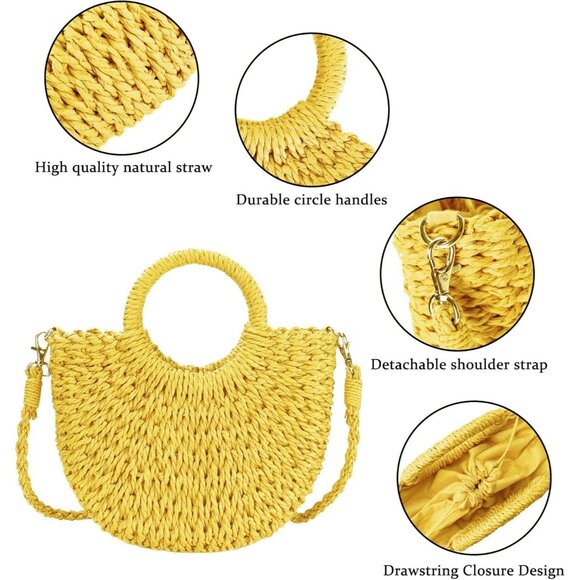 Woven Straw Beach Bag for Womem Top Handle Yellow Crossbody and Shoulder Strap - Picture 4 of 6